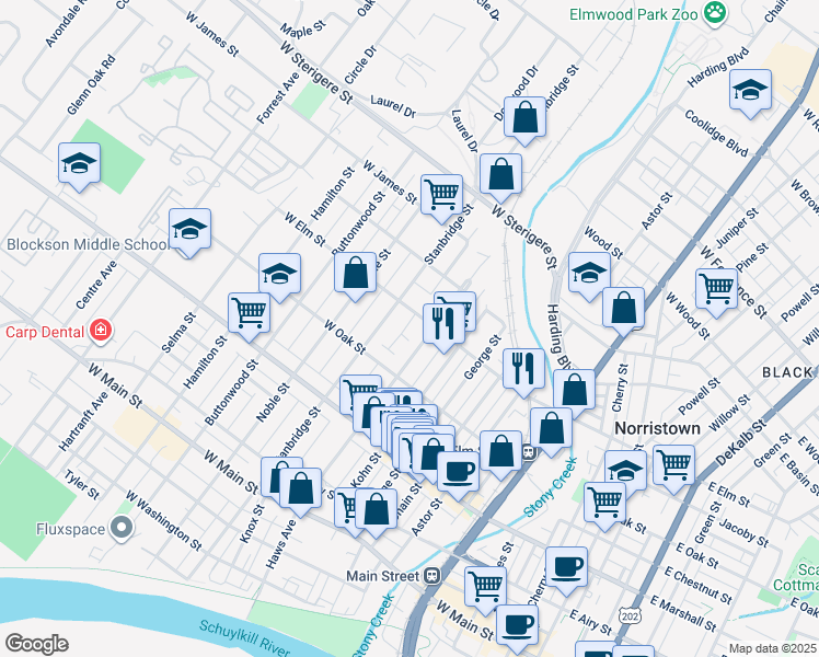 map of restaurants, bars, coffee shops, grocery stores, and more near 748 Roosevelt Avenue in Norristown