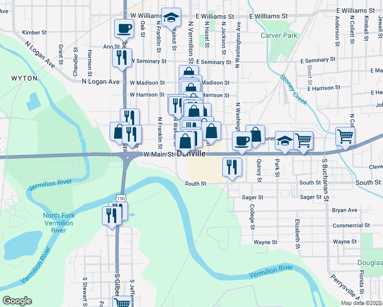 map of restaurants, bars, coffee shops, grocery stores, and more near in Danville