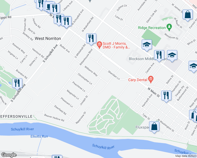 map of restaurants, bars, coffee shops, grocery stores, and more near 1636 Williams Way in Norristown