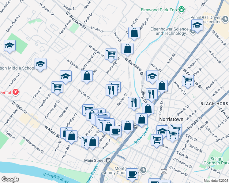 map of restaurants, bars, coffee shops, grocery stores, and more near 828 Haws Avenue in Norristown
