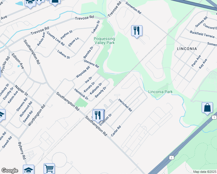 map of restaurants, bars, coffee shops, grocery stores, and more near 15156 Beverly Drive in Philadelphia