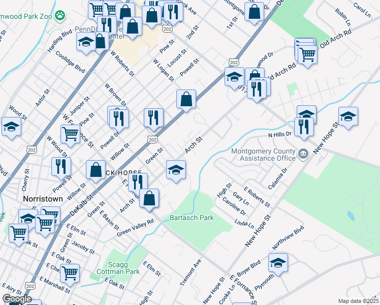 map of restaurants, bars, coffee shops, grocery stores, and more near 1700 Arch Street in Norristown