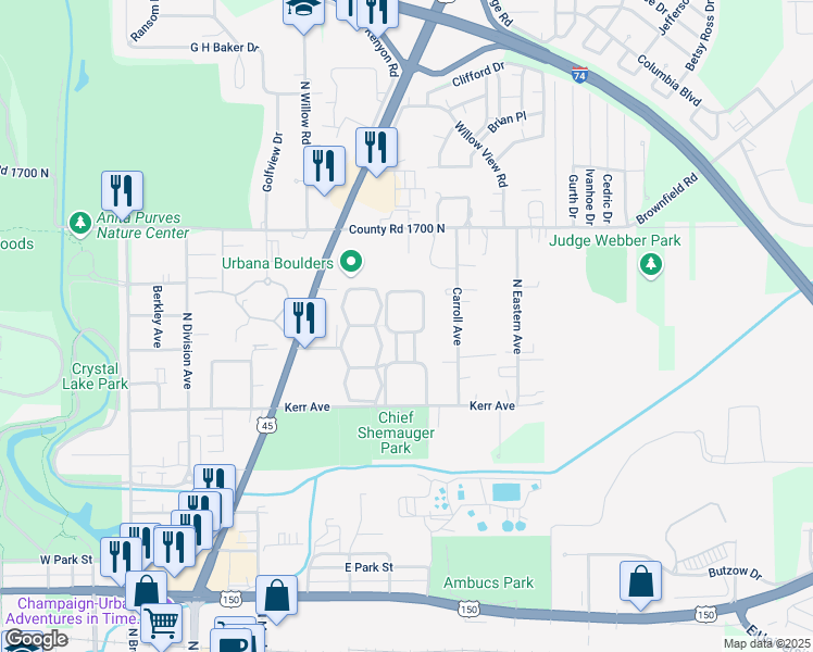 map of restaurants, bars, coffee shops, grocery stores, and more near 1022 East Kerr Avenue in Urbana