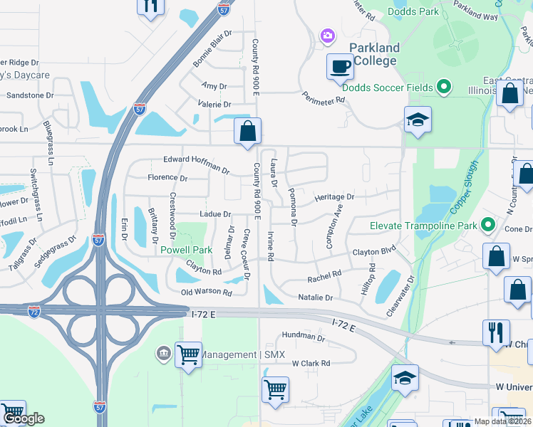map of restaurants, bars, coffee shops, grocery stores, and more near 913 Laura Drive in Champaign