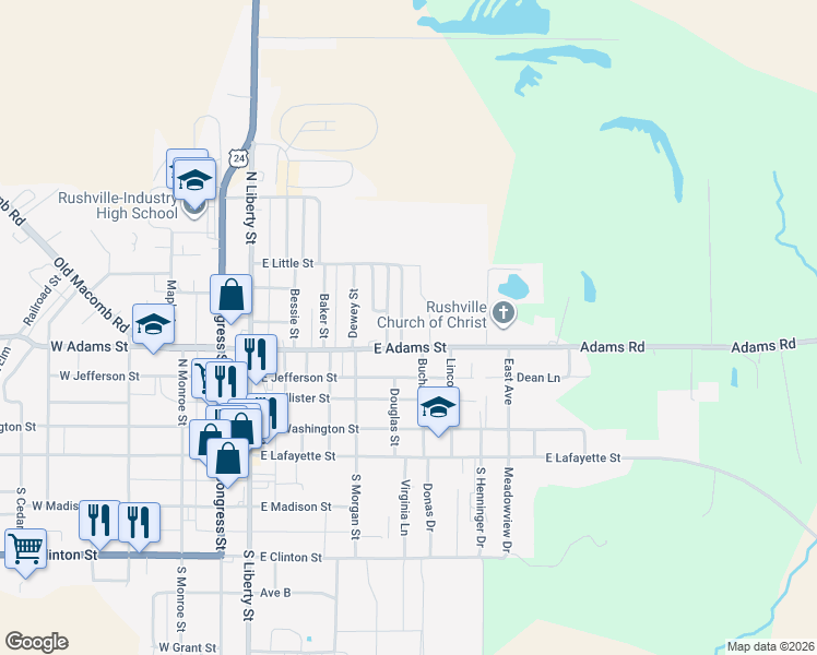 map of restaurants, bars, coffee shops, grocery stores, and more near 6-9 Pennwood Drive in Rushville