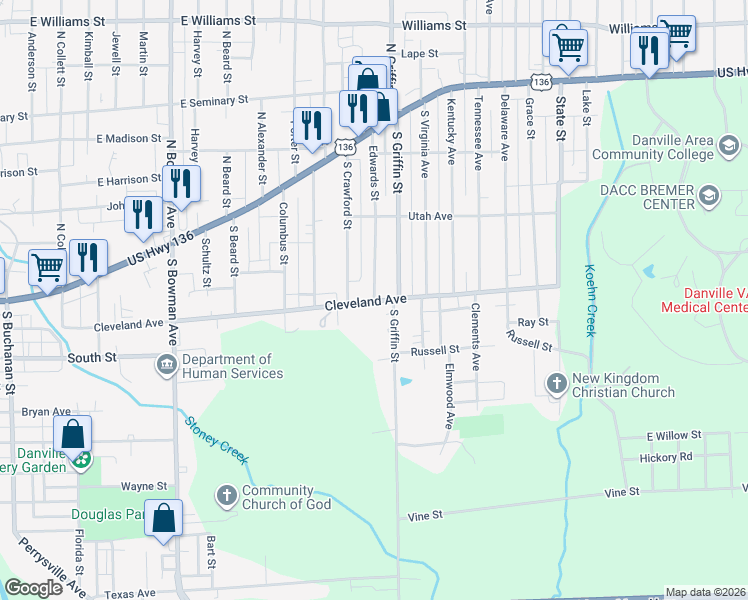 map of restaurants, bars, coffee shops, grocery stores, and more near 299 Edwards Street in Danville
