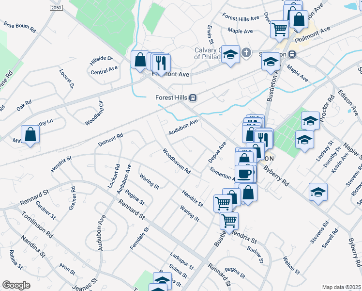 map of restaurants, bars, coffee shops, grocery stores, and more near 474 Pinewood Place in Philadelphia