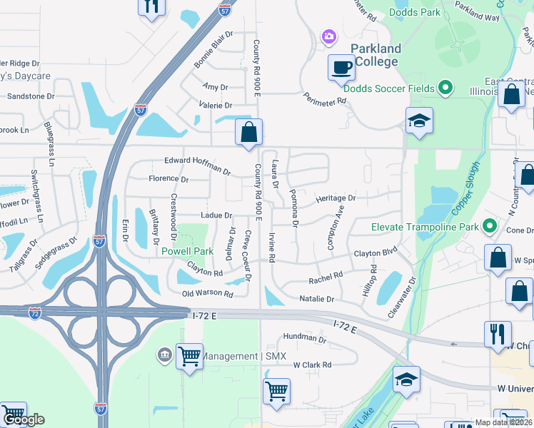 map of restaurants, bars, coffee shops, grocery stores, and more near 913 Laura Drive in Champaign