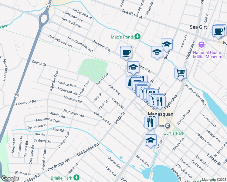 map of restaurants, bars, coffee shops, grocery stores, and more near 45 Allen Avenue in Manasquan