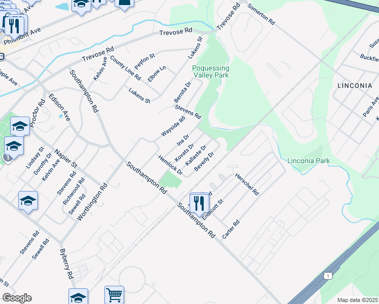 map of restaurants, bars, coffee shops, grocery stores, and more near 15129 Kovats Drive in Philadelphia