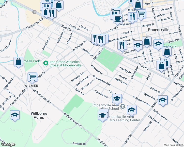 map of restaurants, bars, coffee shops, grocery stores, and more near 527 West Anderson Avenue in Phoenixville