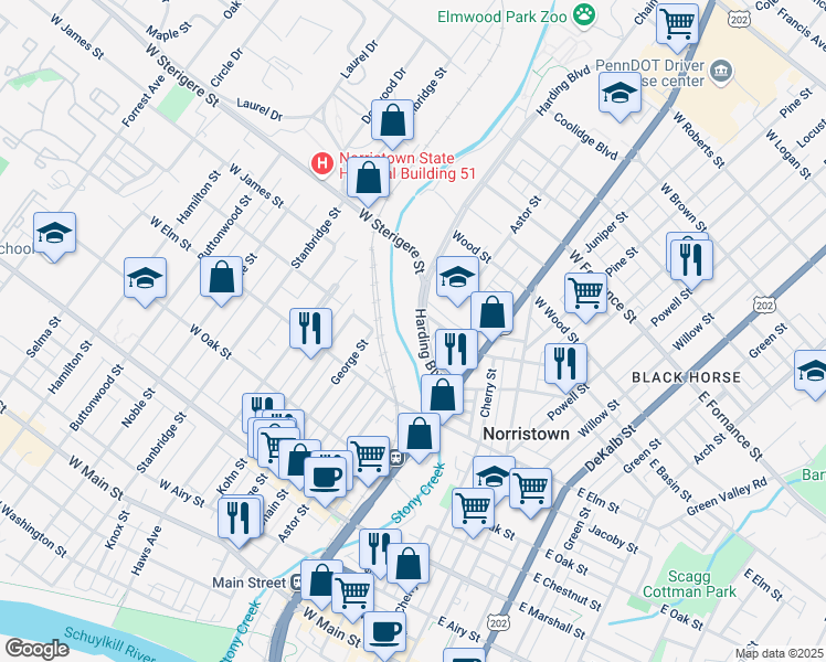 map of restaurants, bars, coffee shops, grocery stores, and more near 340 Harding Boulevard in Norristown