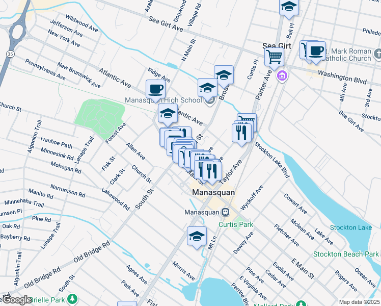 map of restaurants, bars, coffee shops, grocery stores, and more near 34 Broad Street in Manasquan