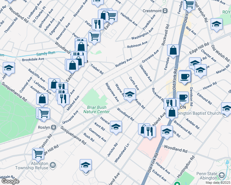 map of restaurants, bars, coffee shops, grocery stores, and more near 2135 Ridgeview Avenue in Montgomery County
