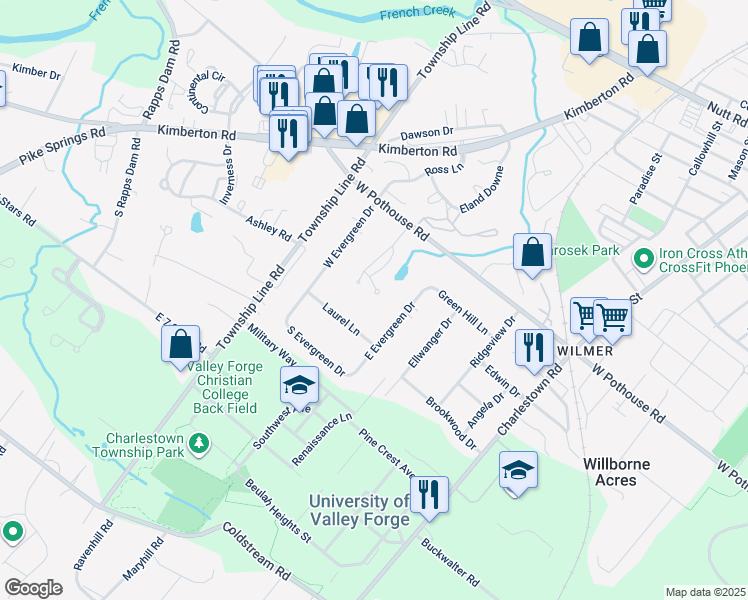 map of restaurants, bars, coffee shops, grocery stores, and more near 300 Old Barn Circle in Phoenixville