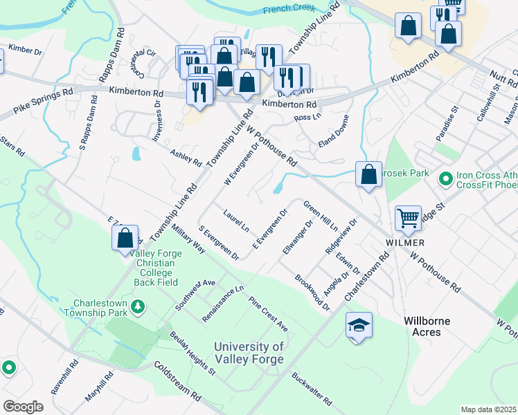 map of restaurants, bars, coffee shops, grocery stores, and more near 300 Old Barn Circle in Phoenixville