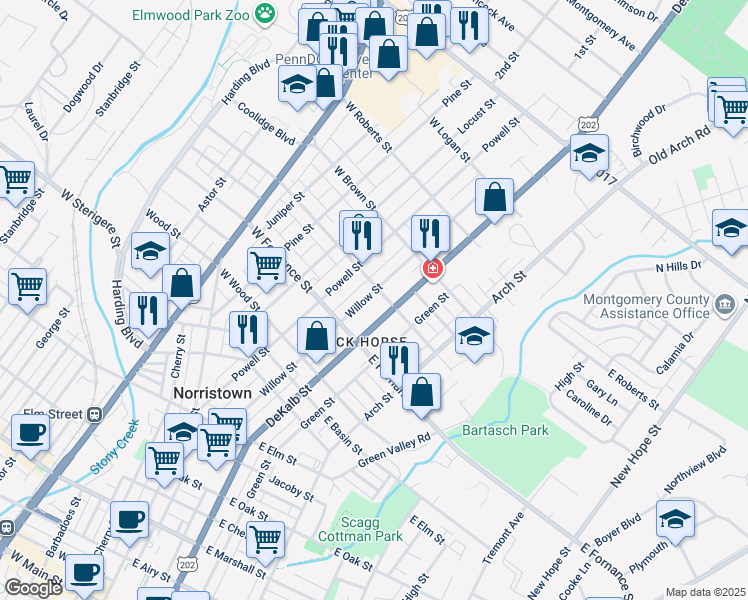 map of restaurants, bars, coffee shops, grocery stores, and more near 1440 Willow Street in Norristown