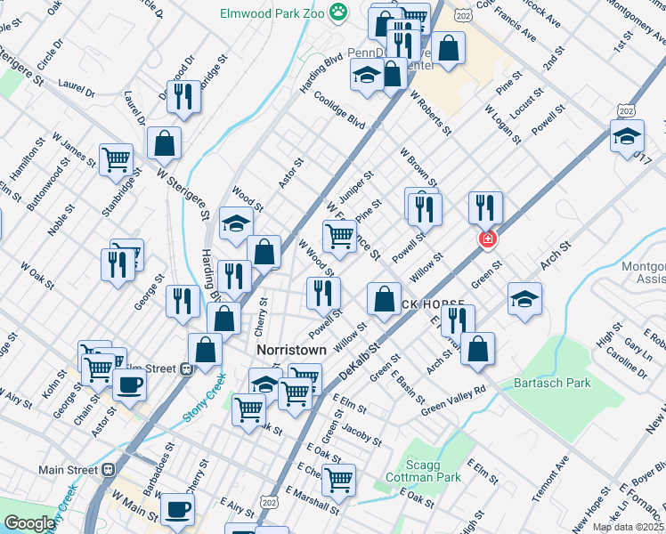 map of restaurants, bars, coffee shops, grocery stores, and more near 109 West Wood Street in Norristown