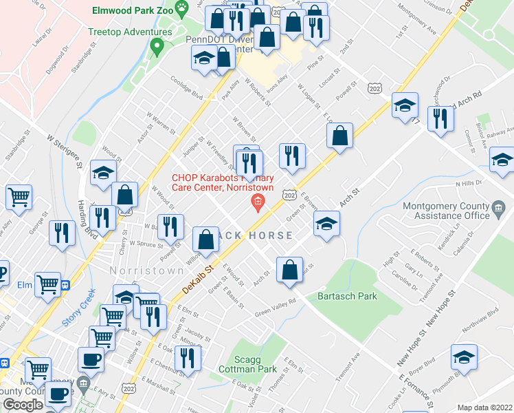 map of restaurants, bars, coffee shops, grocery stores, and more near 1440 Willow Street in Norristown