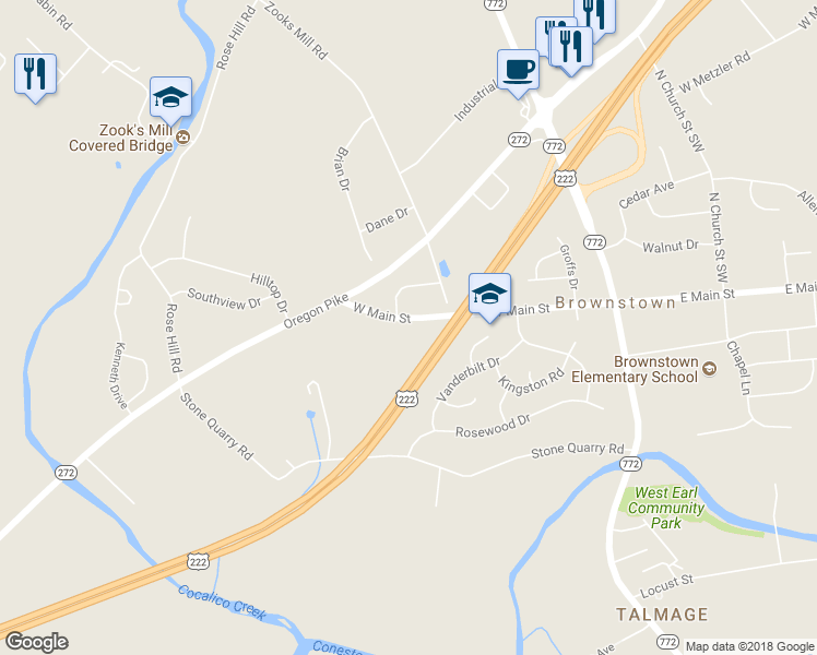 map of restaurants, bars, coffee shops, grocery stores, and more near 92 West Main Street in Ephrata