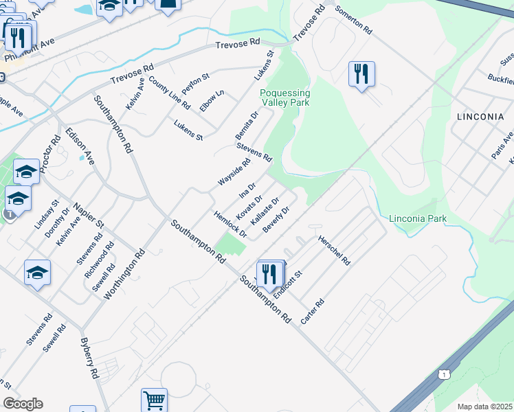 map of restaurants, bars, coffee shops, grocery stores, and more near 15129 Kovats Drive in Philadelphia