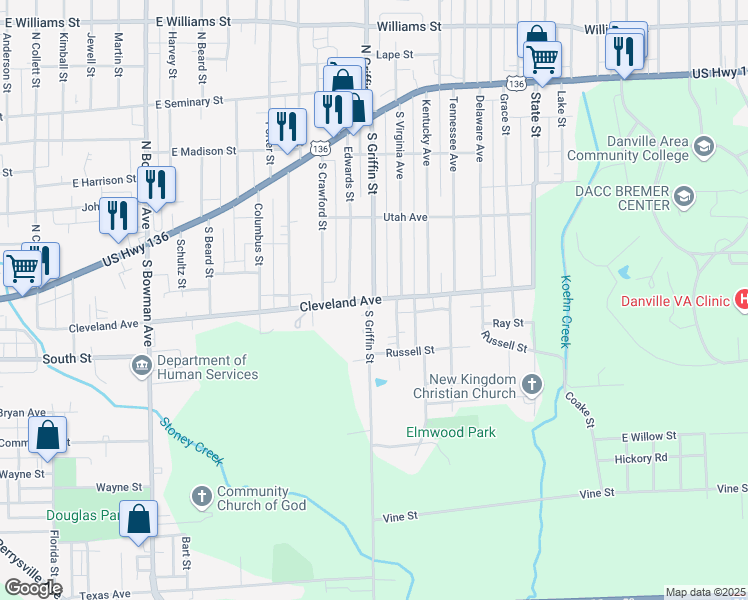 map of restaurants, bars, coffee shops, grocery stores, and more near 1301 Cleveland Avenue in Danville