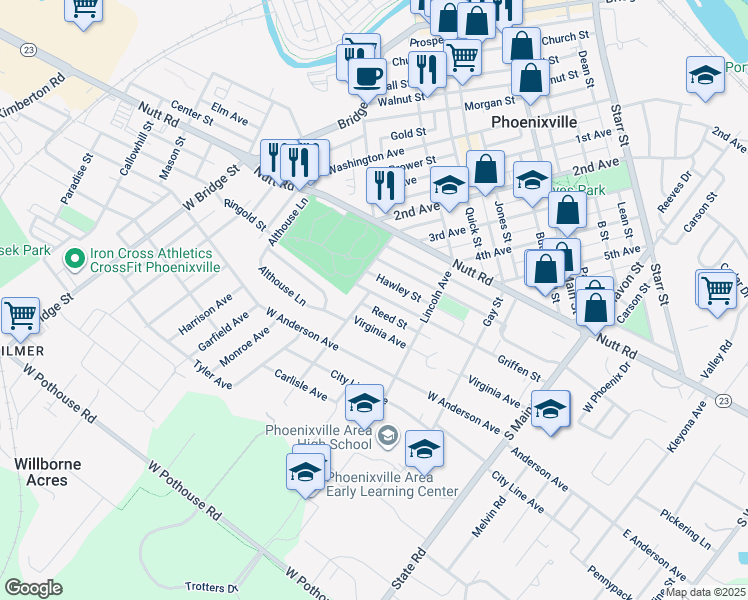 map of restaurants, bars, coffee shops, grocery stores, and more near 324 Griffen Street in Phoenixville