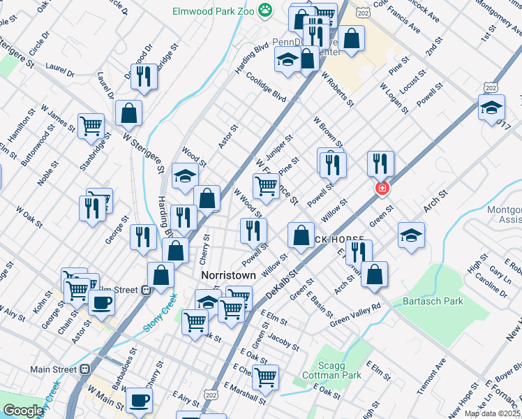 map of restaurants, bars, coffee shops, grocery stores, and more near 109 West Wood Street in Norristown