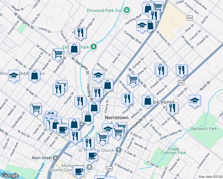 map of restaurants, bars, coffee shops, grocery stores, and more near 1246 Markley Street in Norristown