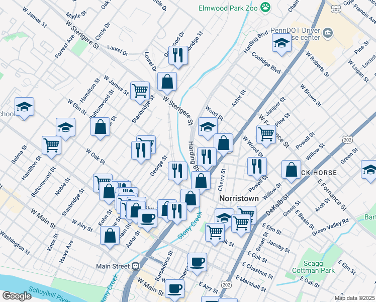 map of restaurants, bars, coffee shops, grocery stores, and more near 340 Harding Boulevard in Norristown