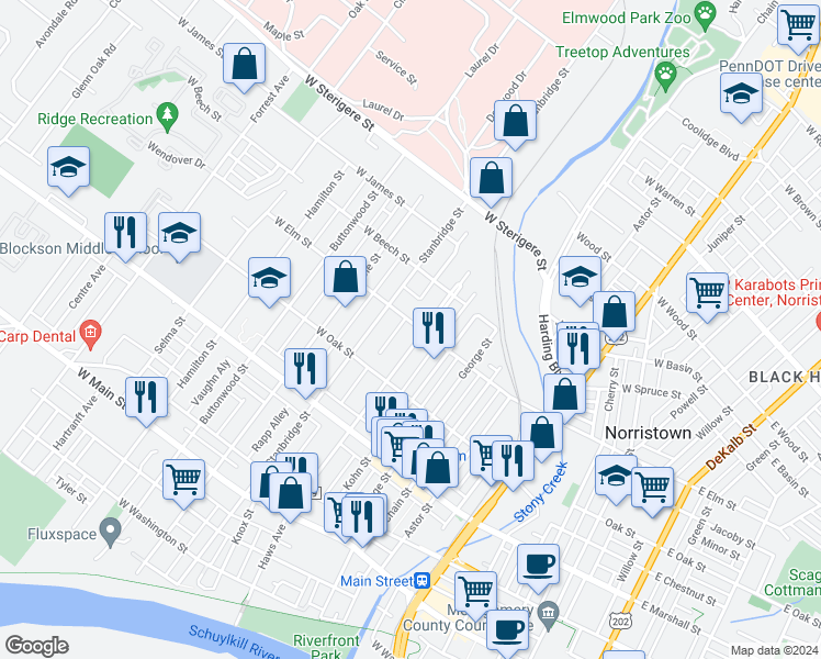 map of restaurants, bars, coffee shops, grocery stores, and more near 810 West Elm Street in Norristown