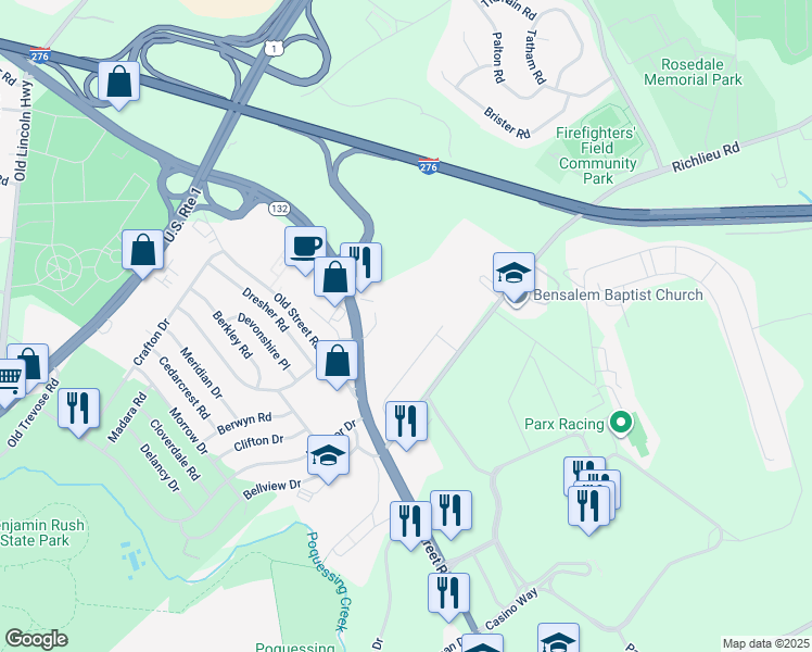 map of restaurants, bars, coffee shops, grocery stores, and more near 3455 Street Road in Bensalem