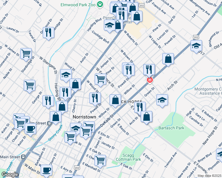 map of restaurants, bars, coffee shops, grocery stores, and more near 27 West Fornance Street in Norristown