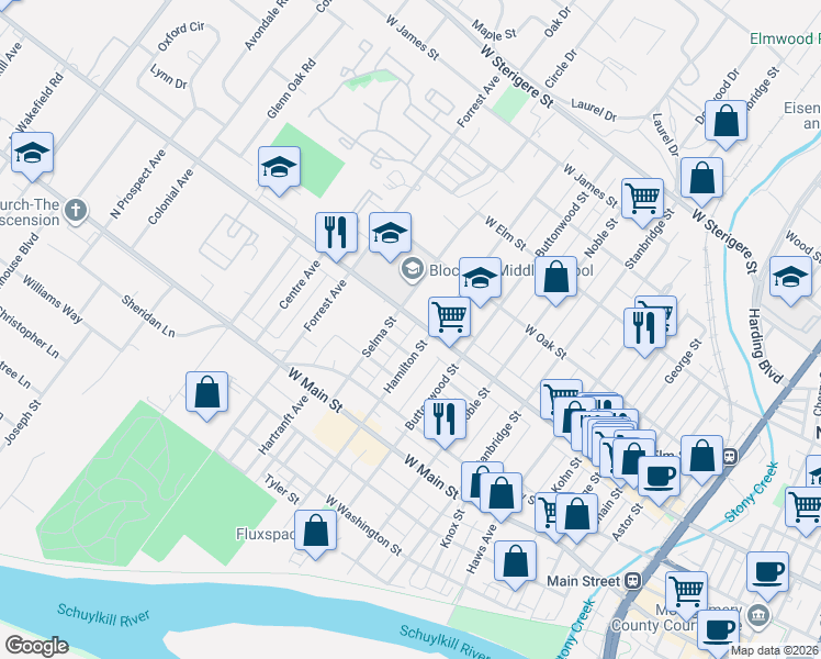map of restaurants, bars, coffee shops, grocery stores, and more near 1221 West Marshall Street in Norristown