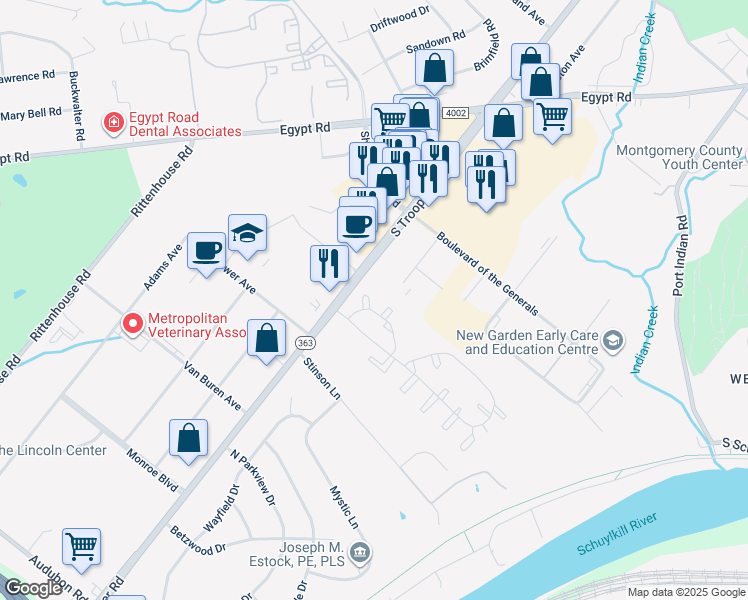 map of restaurants, bars, coffee shops, grocery stores, and more near 118 William Penn Drive in Norristown