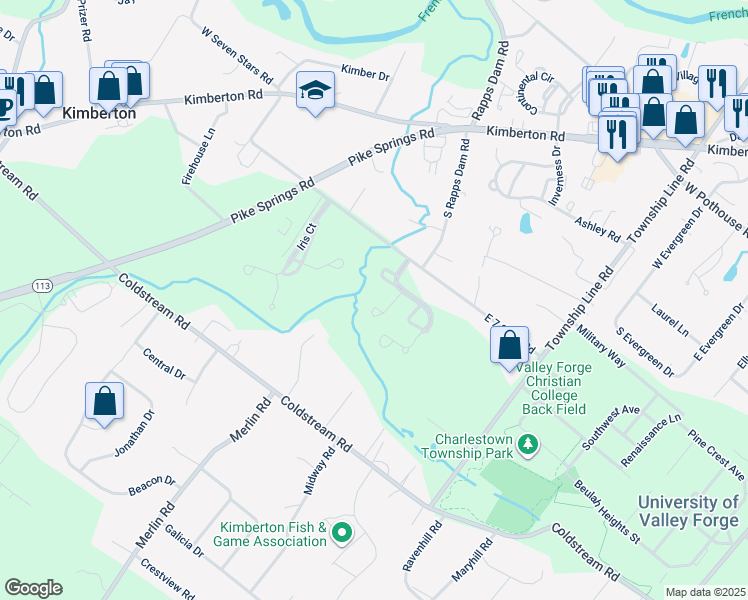 map of restaurants, bars, coffee shops, grocery stores, and more near 2816 Juniper Lane in Phoenixville