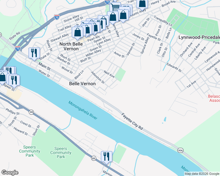 map of restaurants, bars, coffee shops, grocery stores, and more near 10 Mulberry Street in Belle Vernon