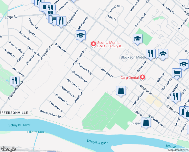map of restaurants, bars, coffee shops, grocery stores, and more near 1633 Williams Way in Norristown