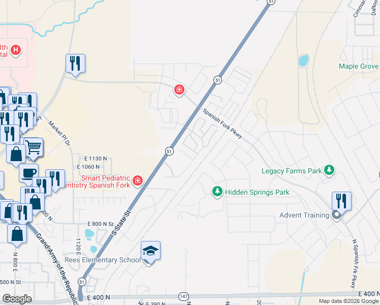 map of restaurants, bars, coffee shops, grocery stores, and more near 1118 North Ridge Court in Spanish Fork