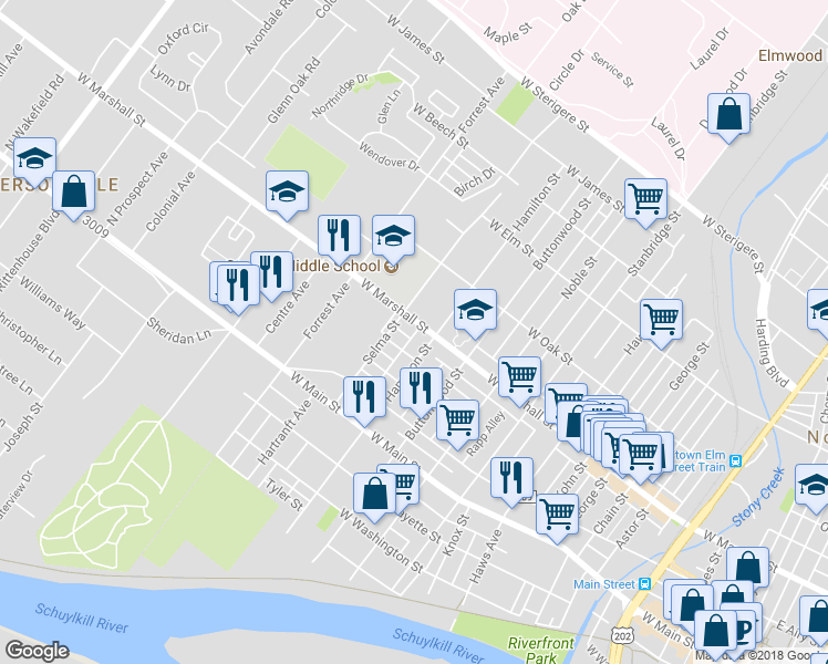 map of restaurants, bars, coffee shops, grocery stores, and more near 1220 West Marshall Street in Norristown