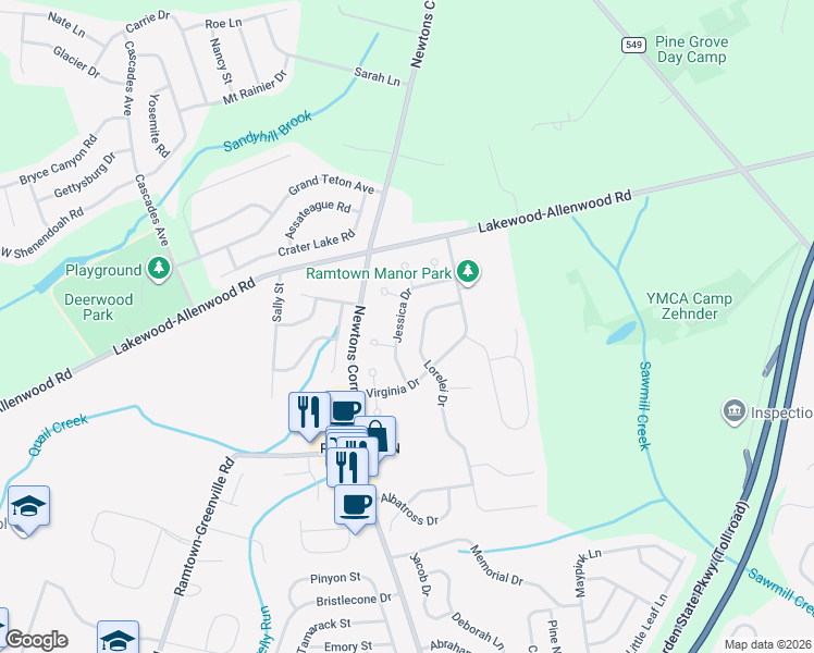 map of restaurants, bars, coffee shops, grocery stores, and more near 20 Jessica Drive in Howell Township