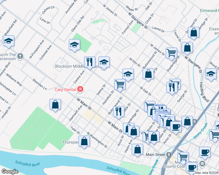map of restaurants, bars, coffee shops, grocery stores, and more near 1221 West Marshall Street in Norristown
