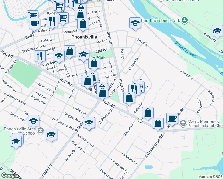map of restaurants, bars, coffee shops, grocery stores, and more near 146 6th Avenue in Phoenixville