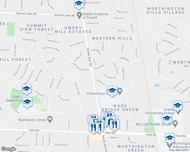 map of restaurants, bars, coffee shops, grocery stores, and more near 8223 Laramie Place in Powell