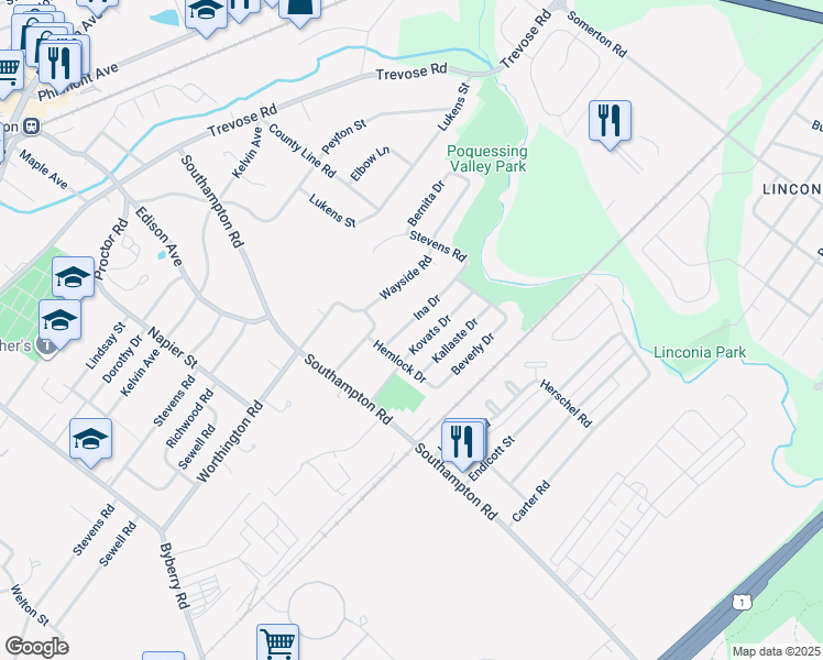 map of restaurants, bars, coffee shops, grocery stores, and more near 15119 Ina Drive in Philadelphia