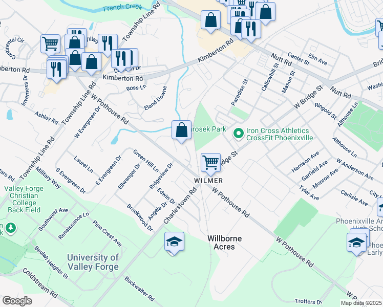 map of restaurants, bars, coffee shops, grocery stores, and more near 1229 Timothy Lane in Phoenixville