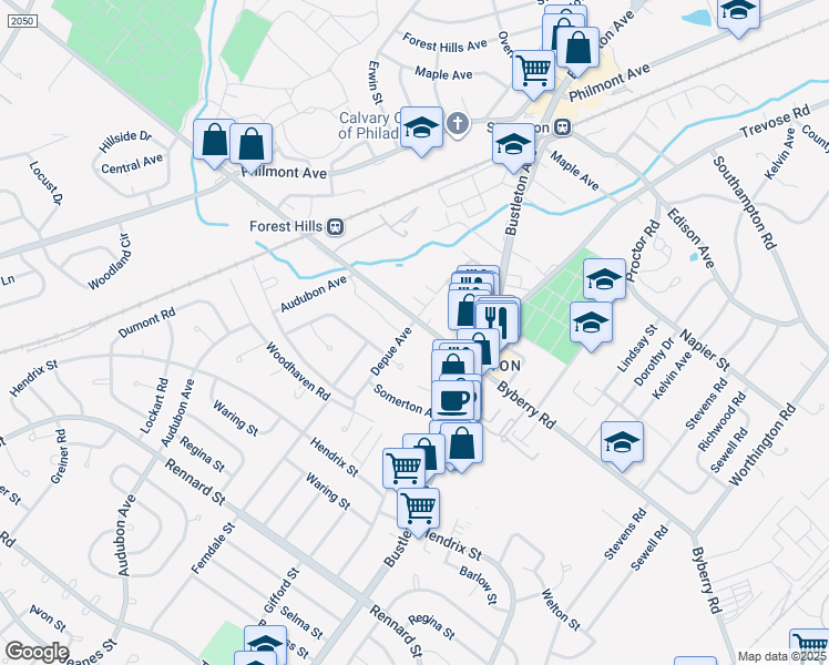 map of restaurants, bars, coffee shops, grocery stores, and more near 12097 Depue Avenue in Philadelphia