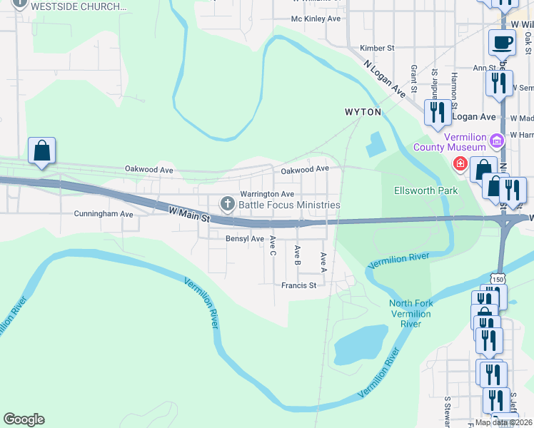 map of restaurants, bars, coffee shops, grocery stores, and more near 210 Ave C in Danville