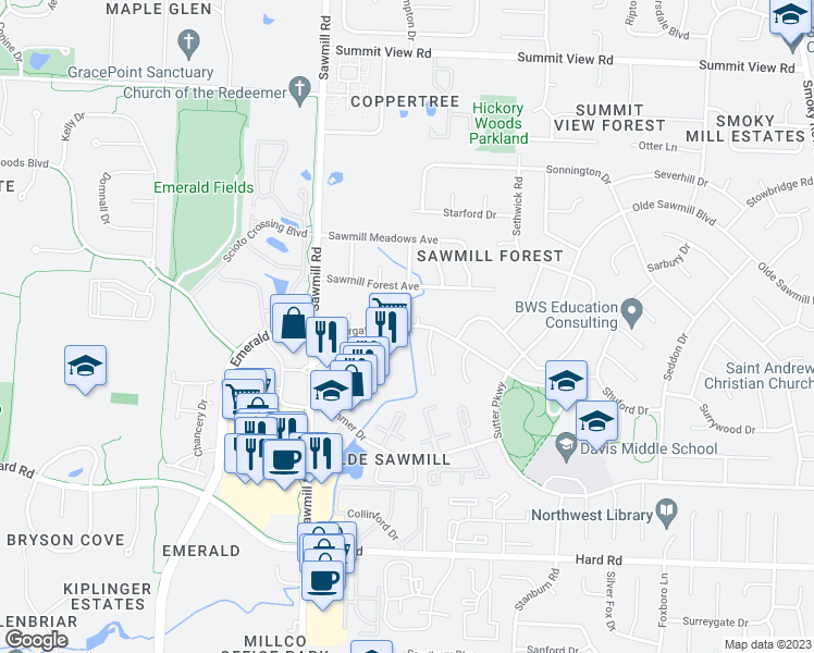 map of restaurants, bars, coffee shops, grocery stores, and more near 2736 Saltergate Drive in Dublin