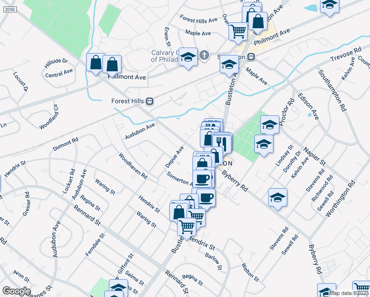 map of restaurants, bars, coffee shops, grocery stores, and more near 12097 Depue Avenue in Philadelphia